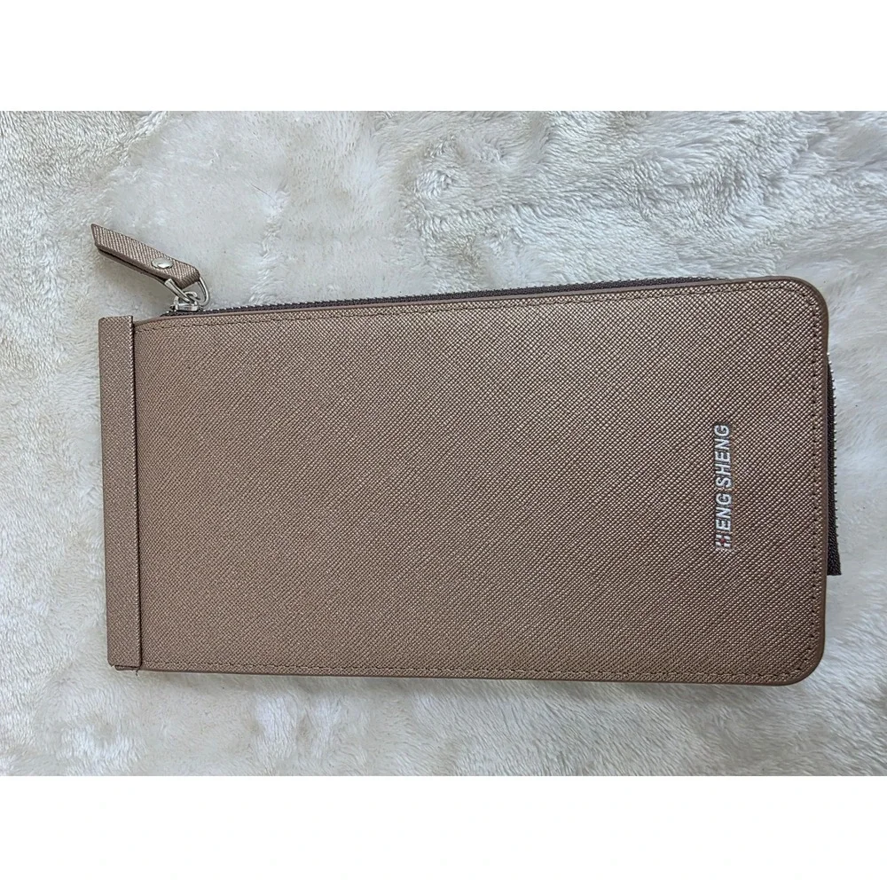 Heng Sheng Womens Metallic Bronze Crosshatch Bifold Wallet‎ 12 Card Slots Zipper